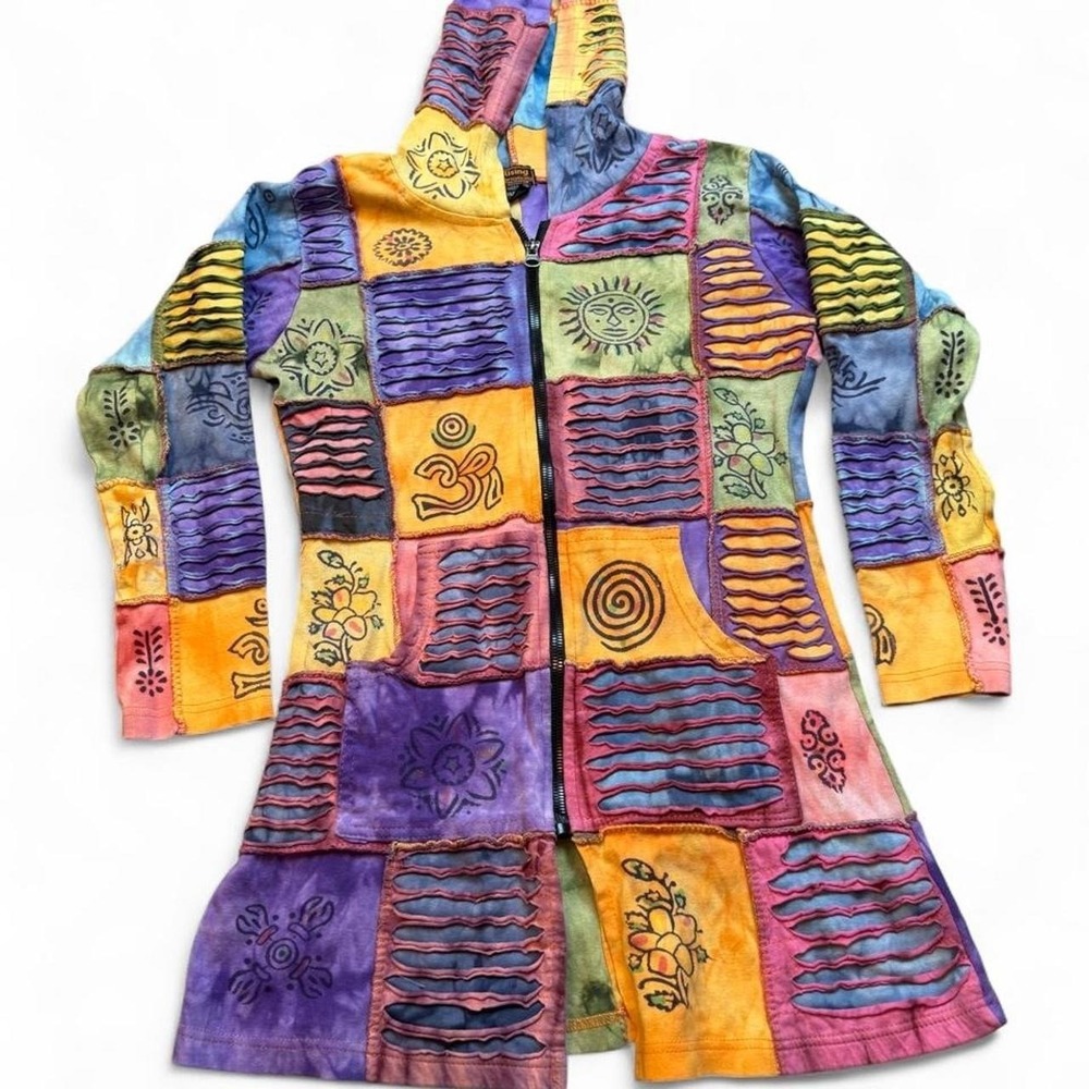 Rising International multicolored patchwork cotton‎ geometric hoodie size Medium